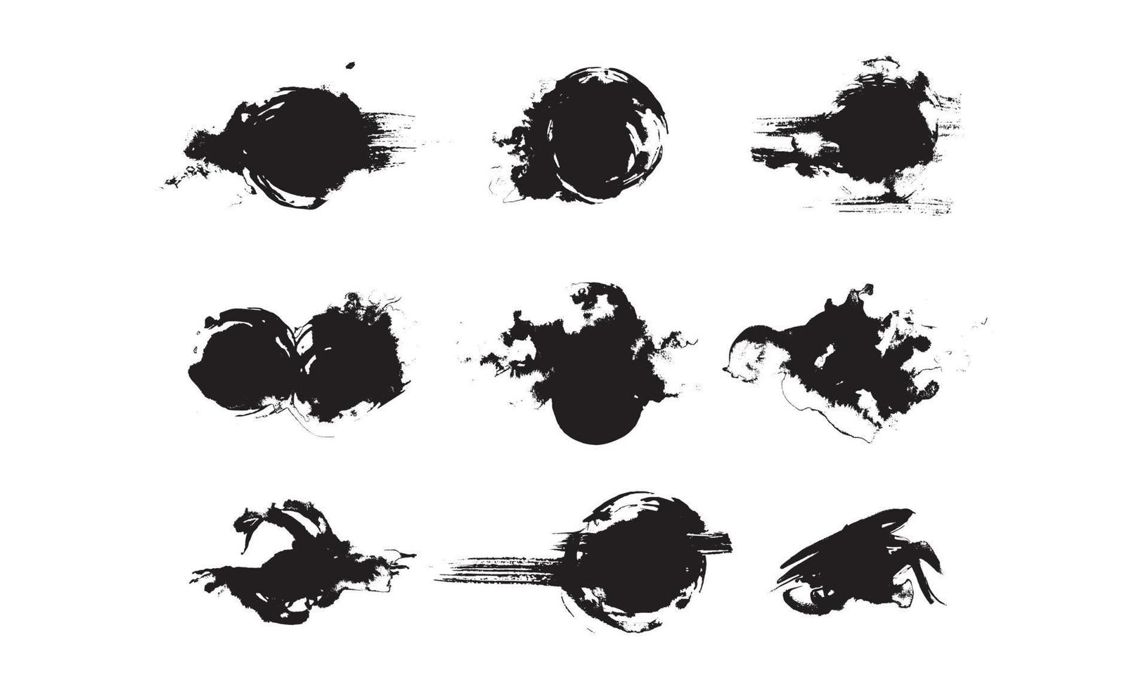 samling av abstrakt bläck stroke och bläck stänk för grunge designelement. svart målardrag och stänk textur på vitt papper. handritad illustration borste för smutsig konsistens. vektor