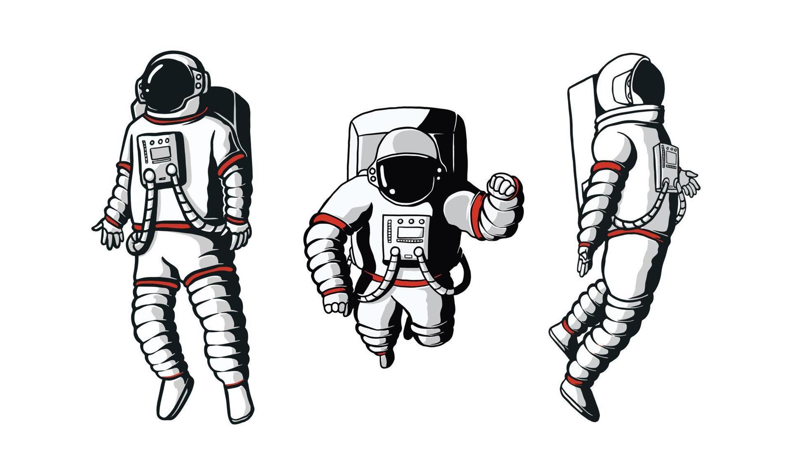 Sammlung realistischer Illustrationen eines schwebenden Astronauten. kreative vektorzeichnung des kosmonauten. illustriert im Cartoon-Stil für futuristische und moderne Themen. vektor