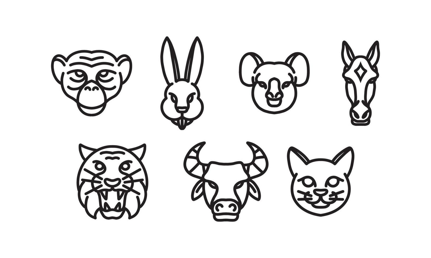 uppsättning av 7 vilda djur huvud, djur vektor linje ikon, djur huvud vektor linje konst, isolerade djur illustration