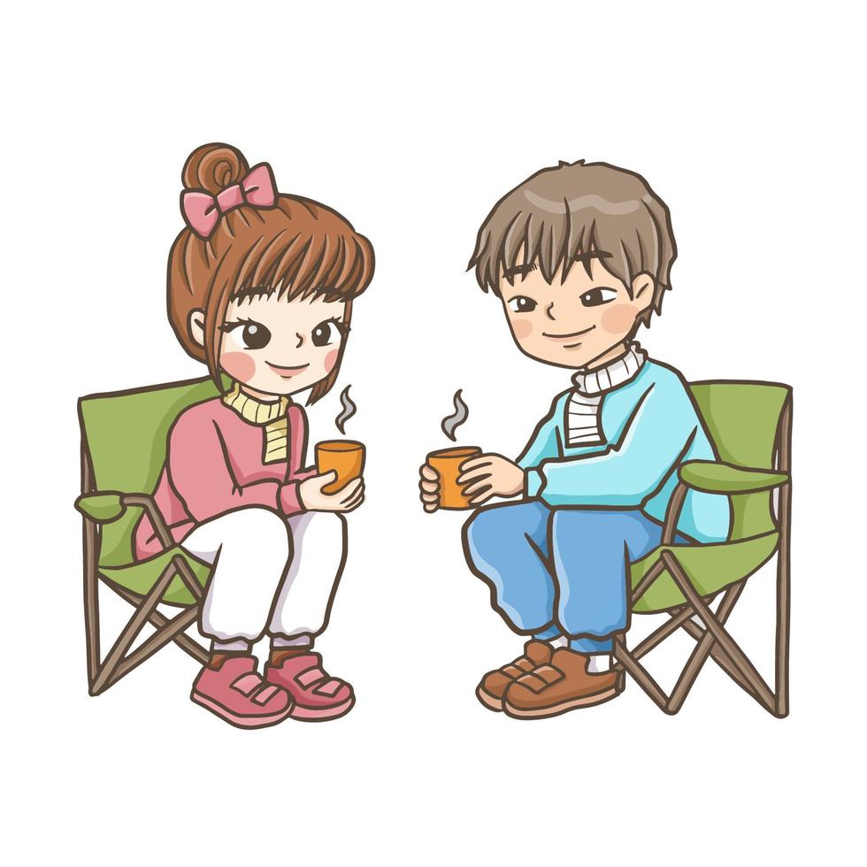 tecknad man och kvinna dricker te tittar in i varandras ögon par älskar vintercamping vektor