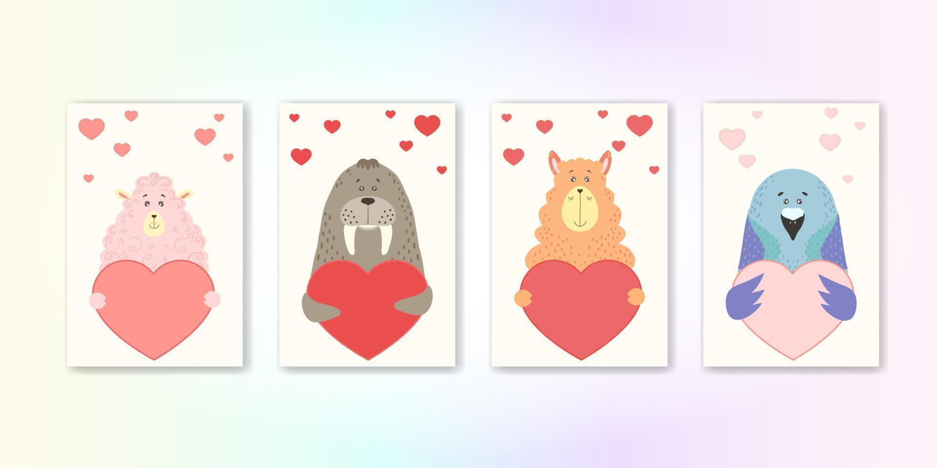 Süßes Cartoon-Tier hält ein Herzschild mit Kopienraum. Set Valentinstag Grußkarte Banner Einladung Flyer Broschüre. handgezeichneter Cartoon-Stil. kleine tiere haustiere verliebt, liebeserklärung vektor