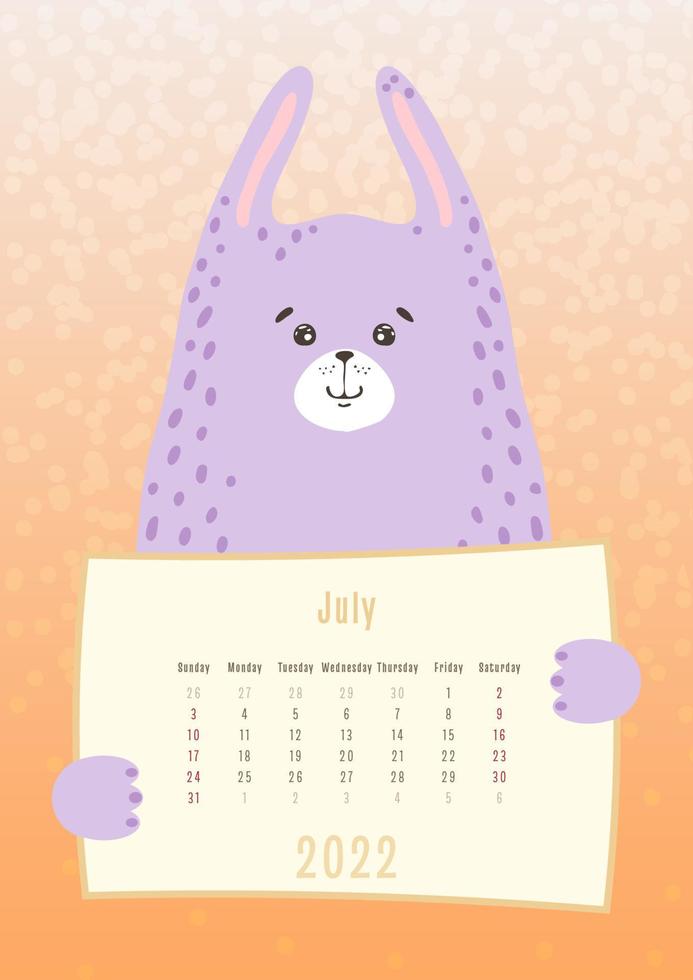 2022 julikalender, sött harekanindjur som håller ett månatligt kalenderblad, handritad barnslig stil vektor