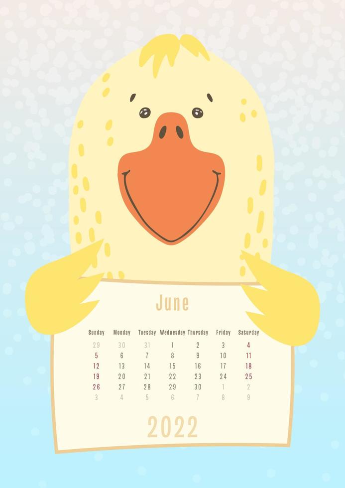 2022 Juni-Kalender, süßer Entengansvogel, der ein monatliches Kalenderblatt hält, handgezeichneter kindischer Stil vektor