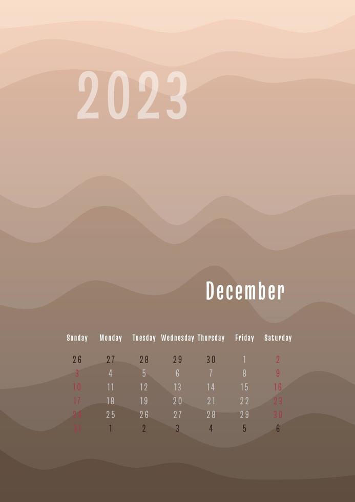 2023 Dezember vertikaler Kalender jeden Monat separat. monatliche persönliche Planer-Vorlage. Peak Silhouette abstrakten Farbverlauf bunten Hintergrund, Design für Print und Digital vektor