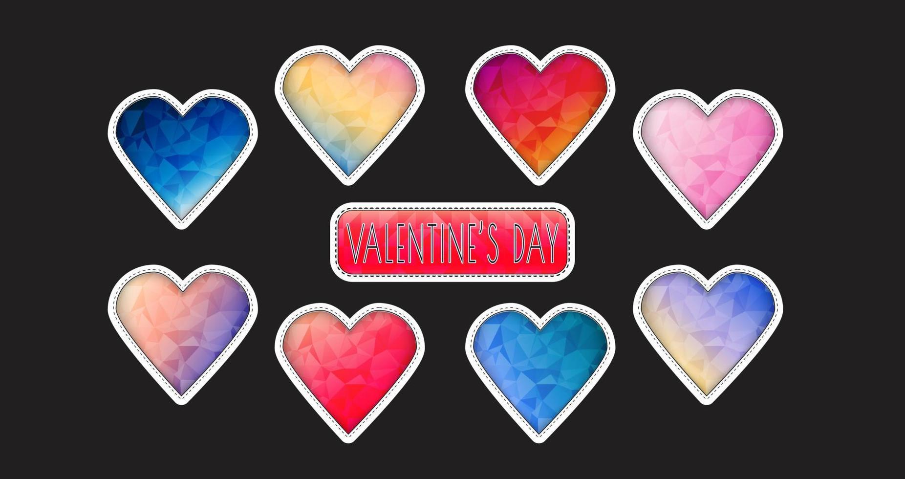 Valentinstag Aufkleber Sammlung Herzen im Low-Poly-Mosaik-Dreieck-Stil vektor