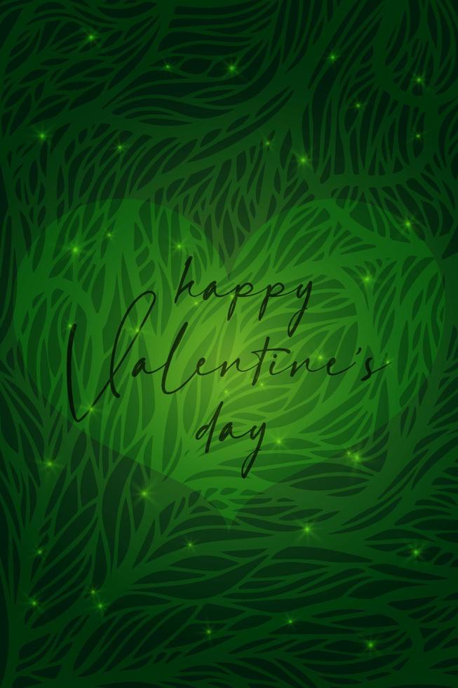 alla hjärtans dag gratulationskort banner inbjudan flyer broschyr. grön guldpalett naturlig ekostil. hjärta form lämnar gren och bokstäver vektor