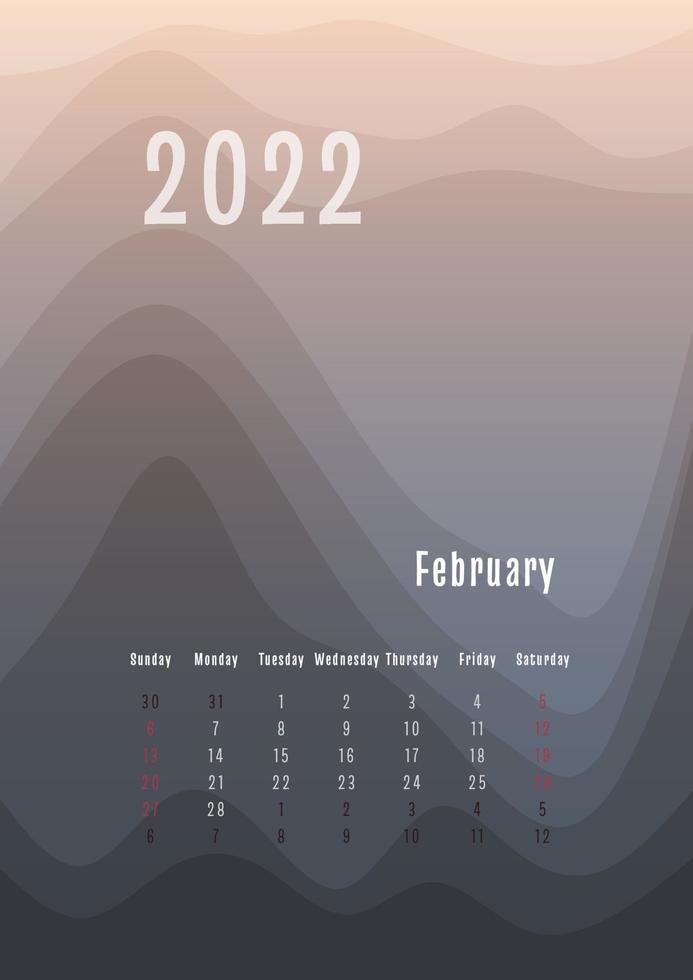 2022 Februar vertikaler Kalender jeden Monat separat. monatliche persönliche Planer-Vorlage. Peak Silhouette abstrakten Farbverlauf bunten Hintergrund, Design für Print und Digital vektor