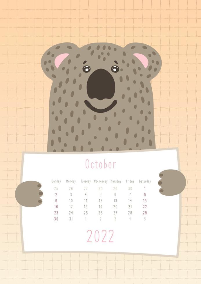 2022 oktoberkalender, sött koaladjur som håller ett månatligt kalenderblad, handritad barnslig stil vektor