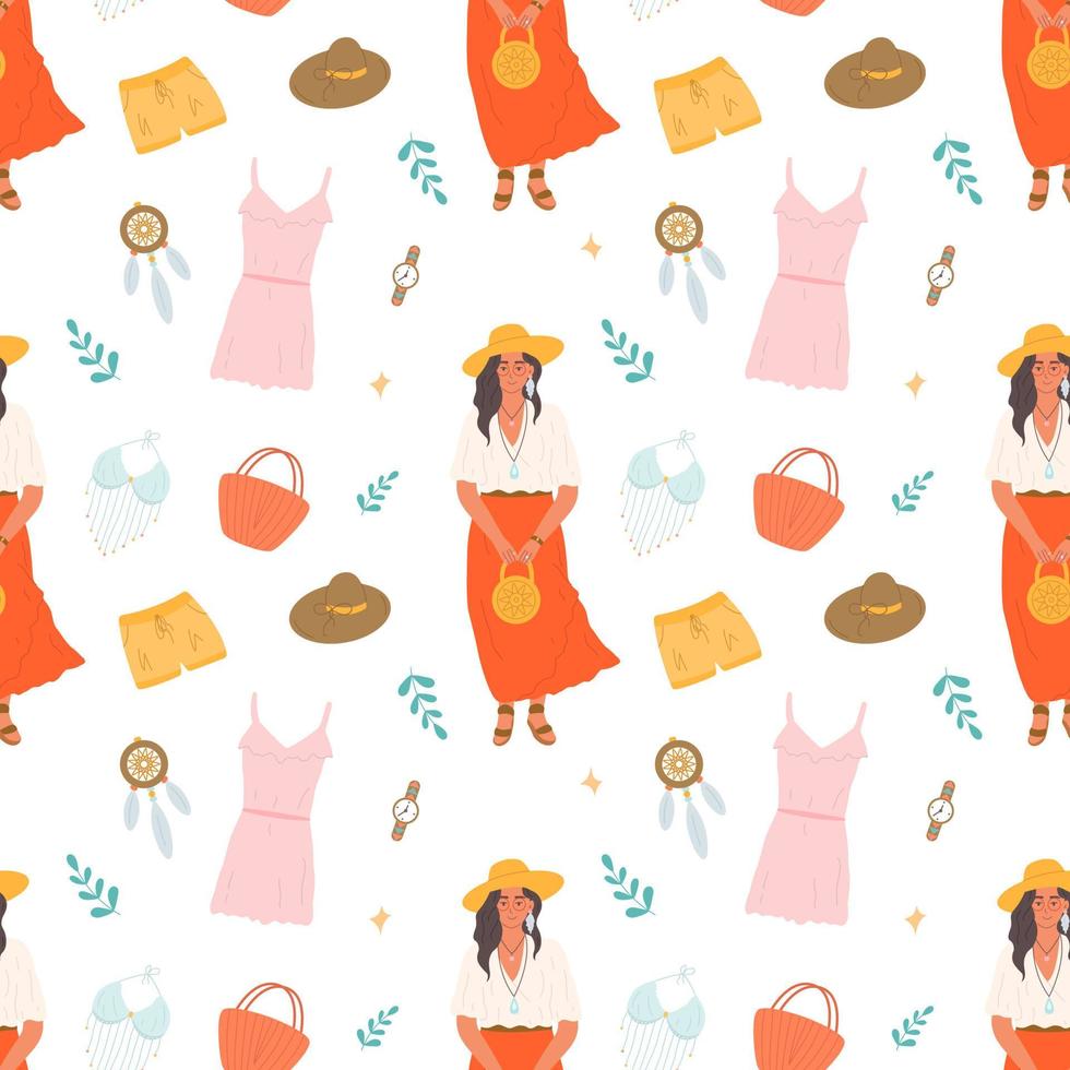 Set Boho Outfits Kleidung, Mädchen im Rock mit Hut und Handtasche, rosa Kleid, Shorts, Top, Uhr, Traumfänger, Vektor nahtlose Muster flacher Stil