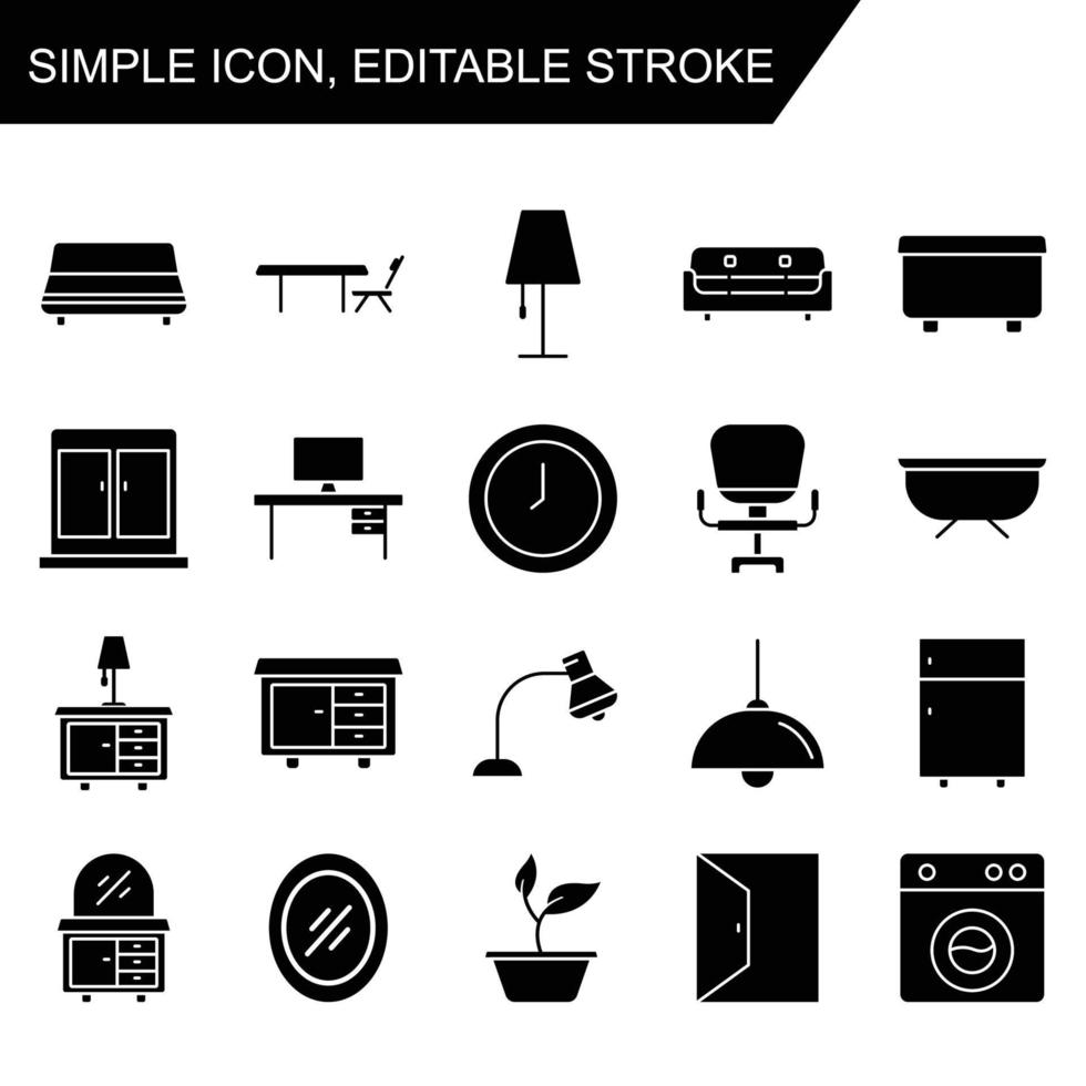 Möbeldesign-Icon-Set. Symbolstil für Glyphen. einfache Abbildung. editierbarer Strich. Designvorlagenvektor vektor