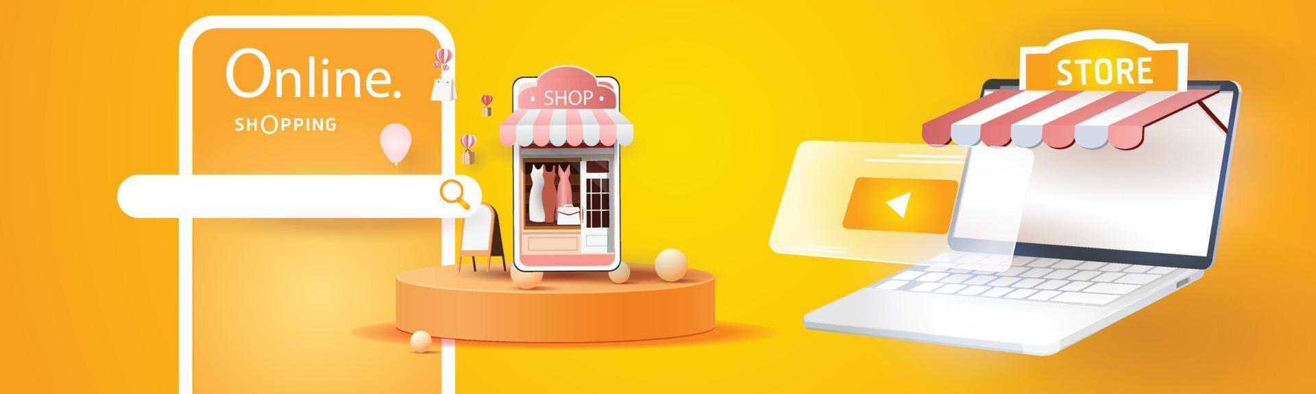 Online-Shopping am Telefon kaufen verkaufen Geschäft digitale Web-Banner-Anwendung Geldwerbung Zahlung E-Commerce-Vektor-Illustration-Suche vektor