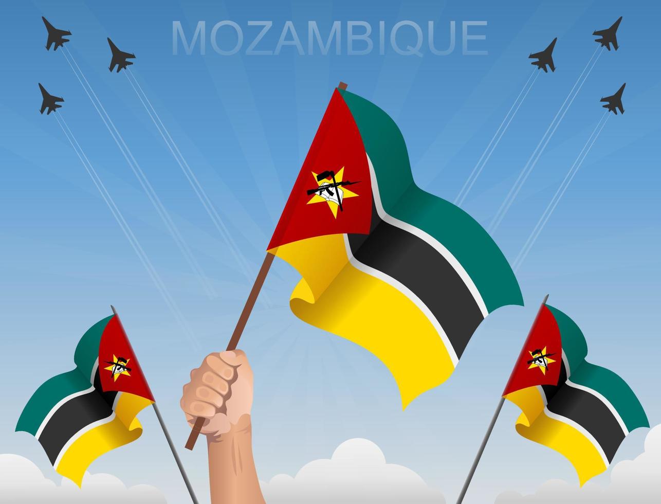 mosambikanische fahnen wehen unter dem blauen himmel vektor