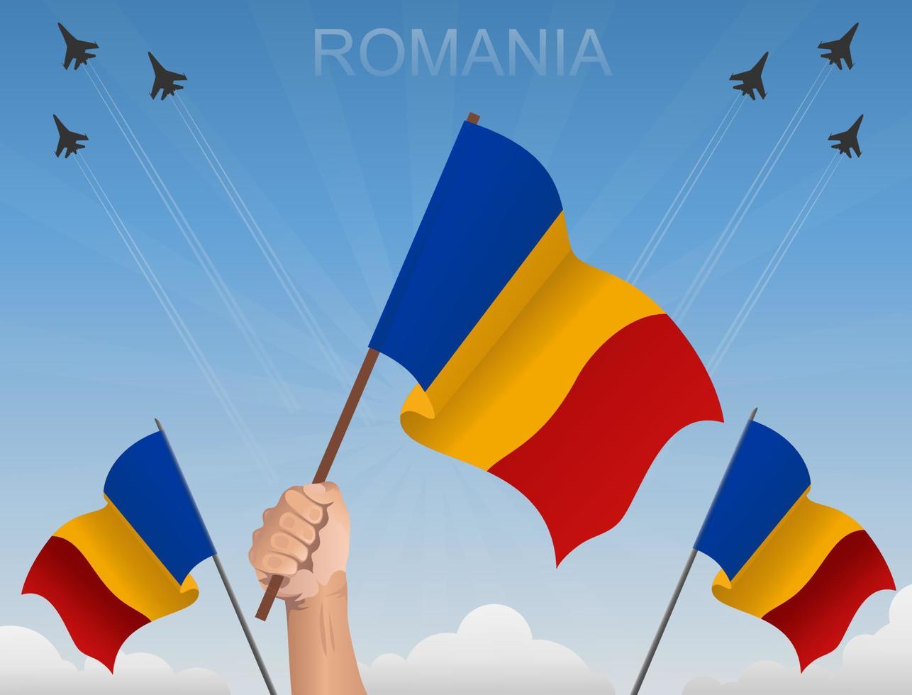 rumänska flaggor vajar under den blå himlen vektor