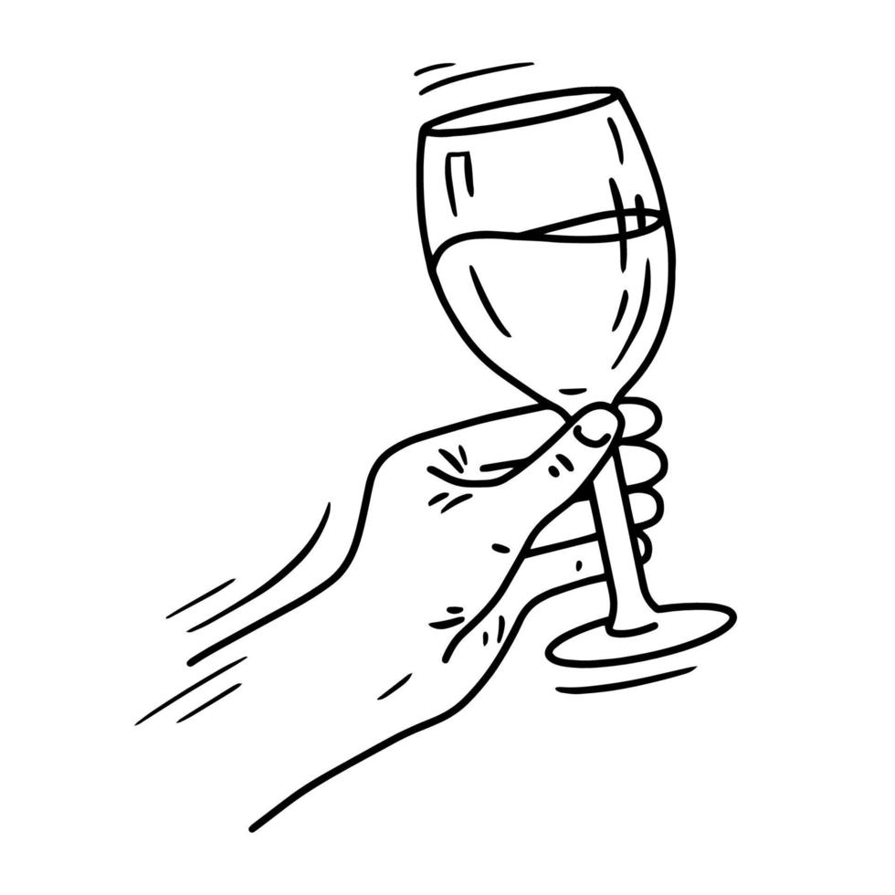 Hand hält ein Glas Wein lineares Vektorsymbol im Doodle-Stil vektor