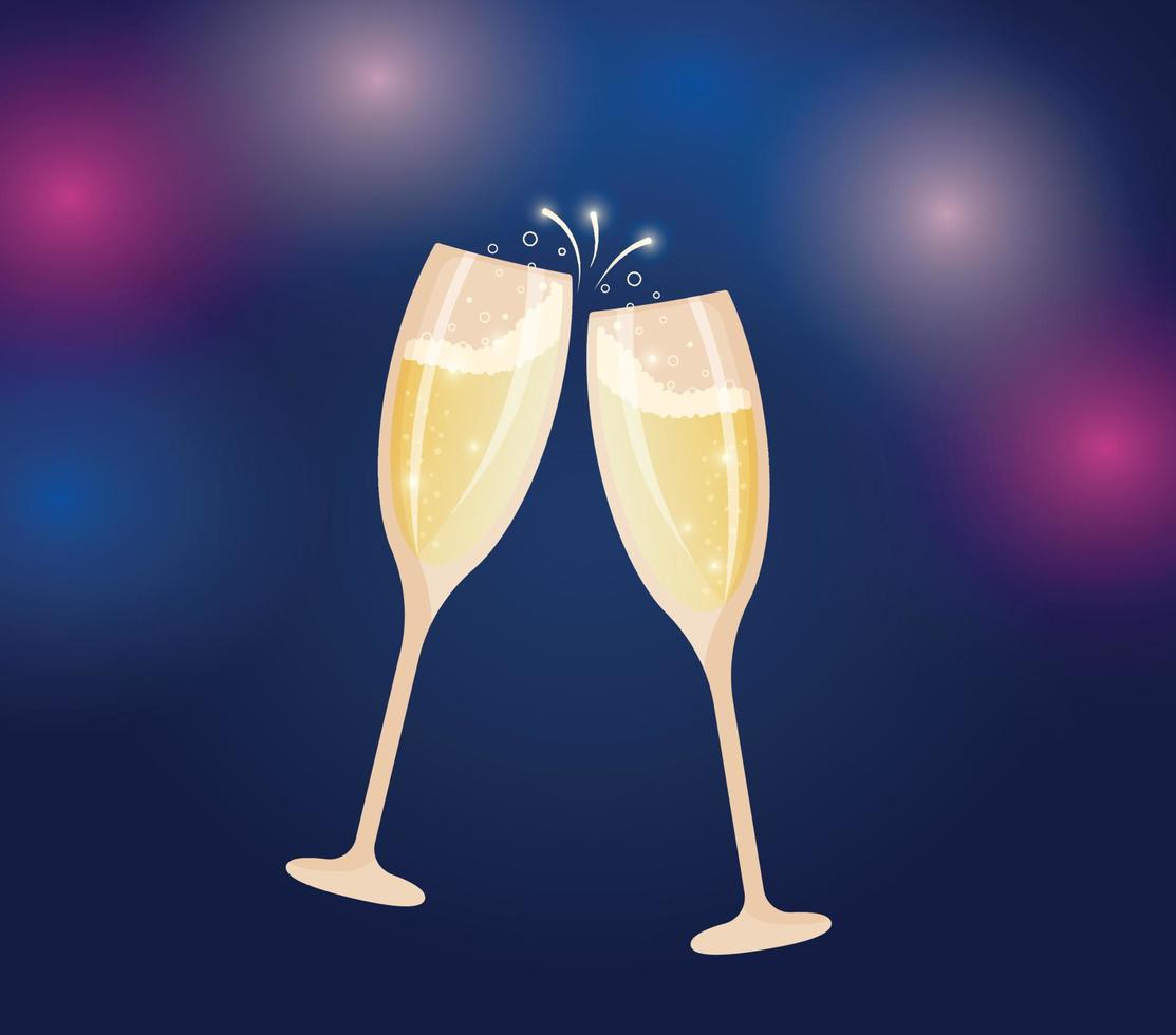 vacker champagnetoast på en blå salutbakgrund. heja, två glas. vektor illustration