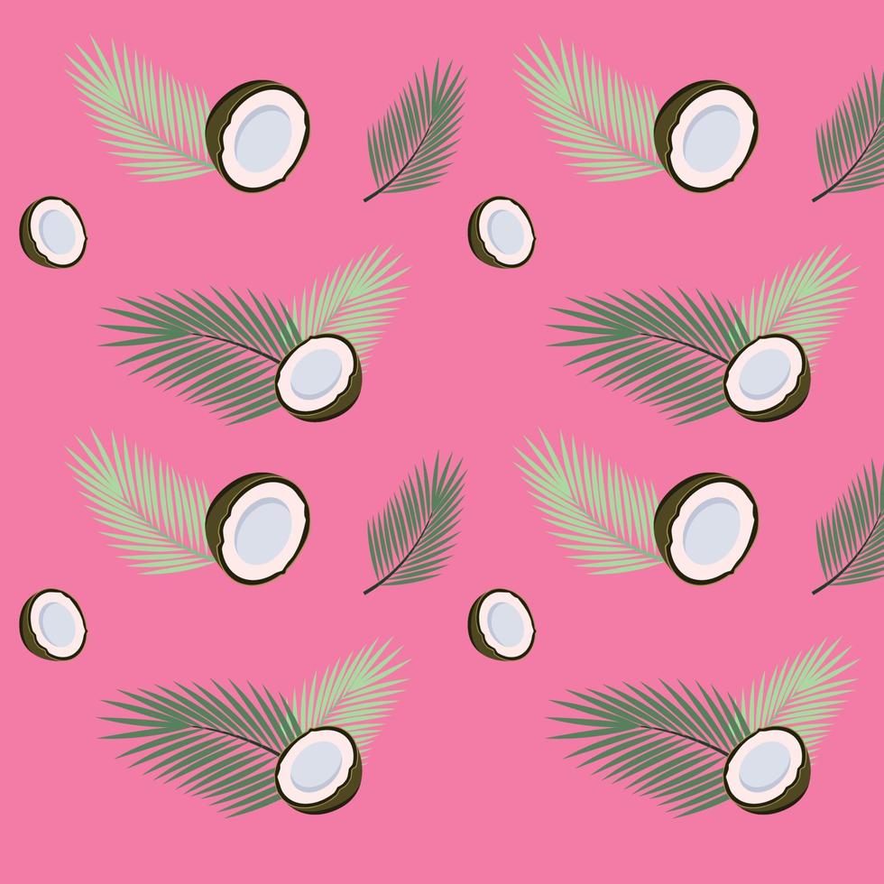 ljusa tropiska sömlösa mönster av kokosnöt och palmträd. hälften av coco med blad på en rosa bakgrund. platt vektorillustration vektor