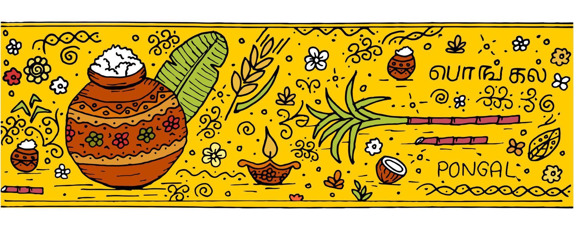 indisches festival pongal wünscht doodle skizze altes papier vektor