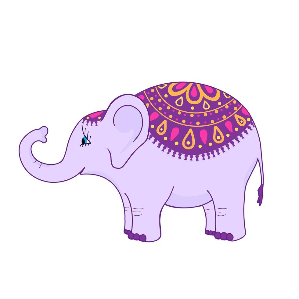 Elefant im indischen Stil. Cartoon-Illustration für Druck, Hintergründe, Tapeten, Verpackungen, Grußkarten, Poster, Aufkleber, Textilien, saisonales Design. isoliert auf weißem Hintergrund. vektor