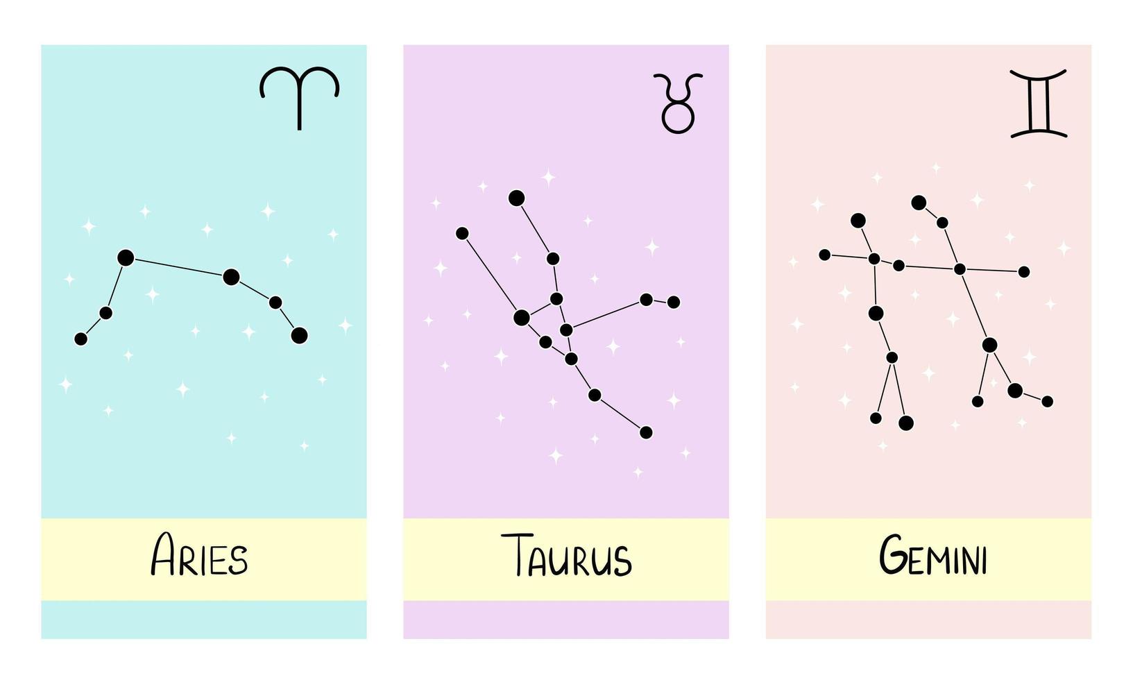 stjärnkonstellationer zodiaken vädur, oxe, tvillingar. illustration för tryck, bakgrunder, tapeter, omslag, förpackningar, gratulationskort, affischer, klistermärken, textil och säsongsdesign. vektor