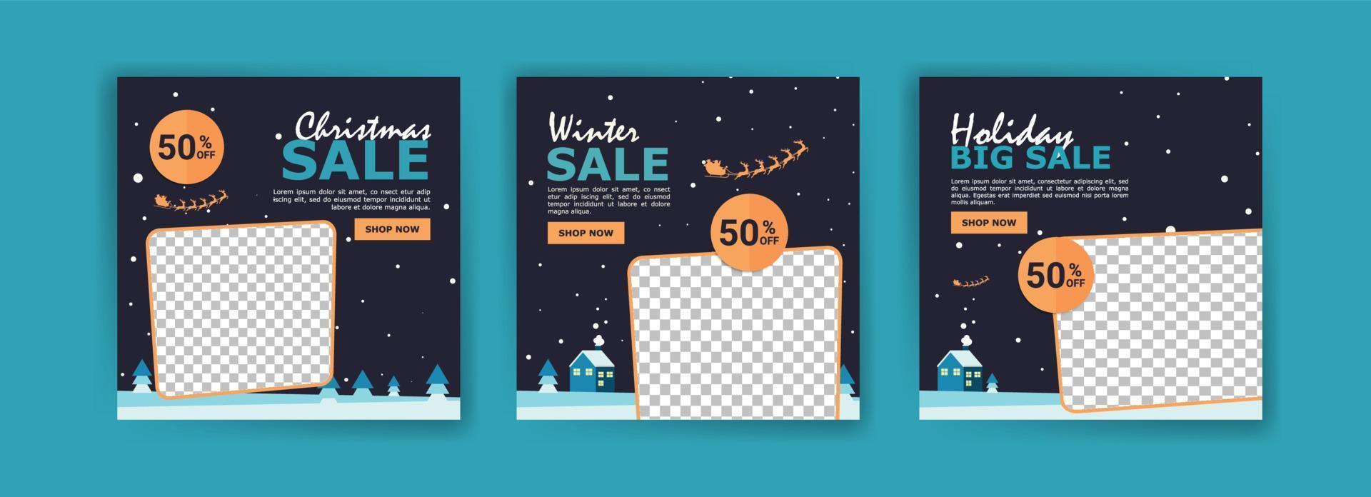 inläggsmall för sociala medier för julrea. vinter reklametikett kort reklam säsong försäljning specialerbjudande och perfekt erbjudande vektor kort samling.