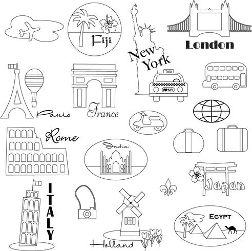 Black Outline World Travel Digital Frimärken Clipart vektor