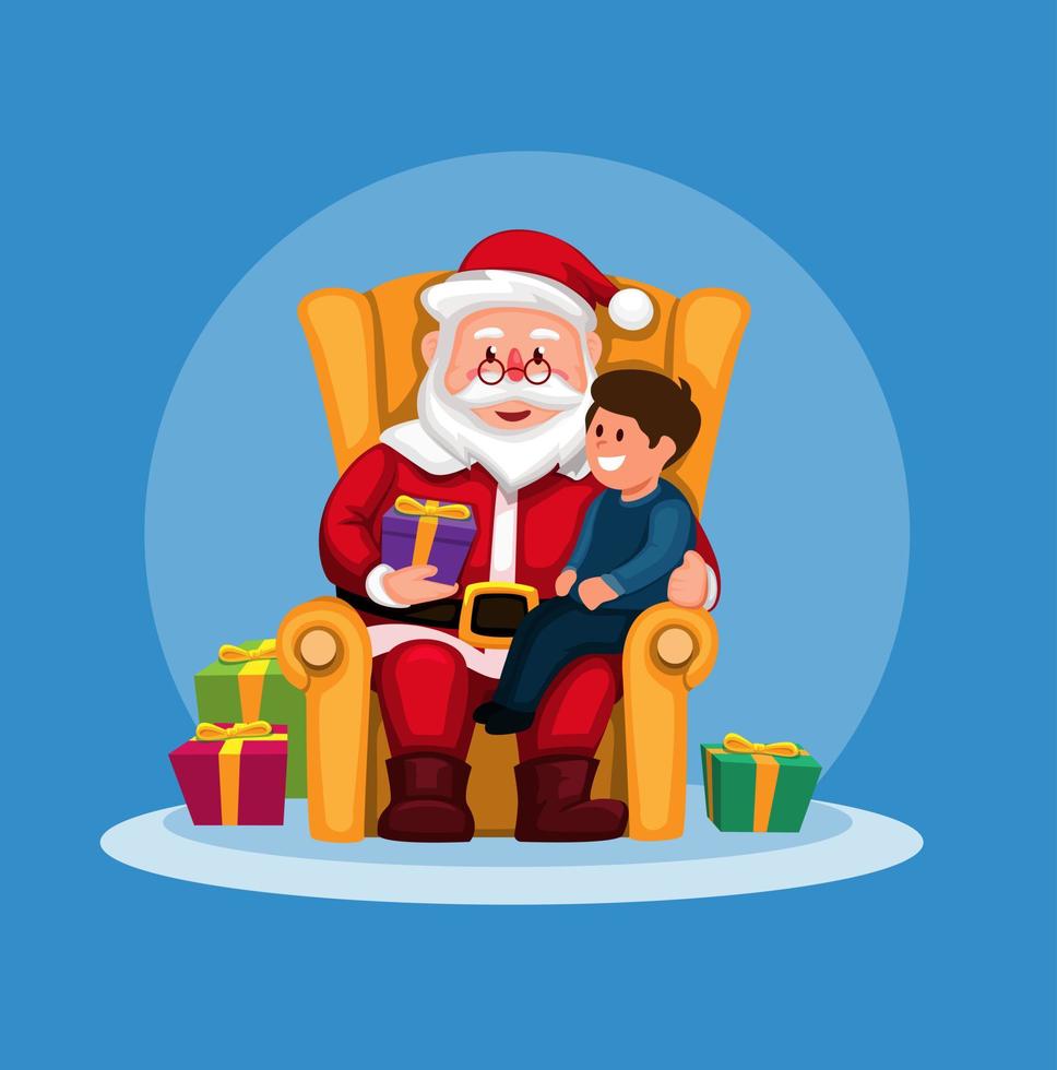 Weihnachtsmann, der dem Jungen im Sofa auf Weihnachtsjahreszeitillustrationsvektor Geschenkbox gibt vektor