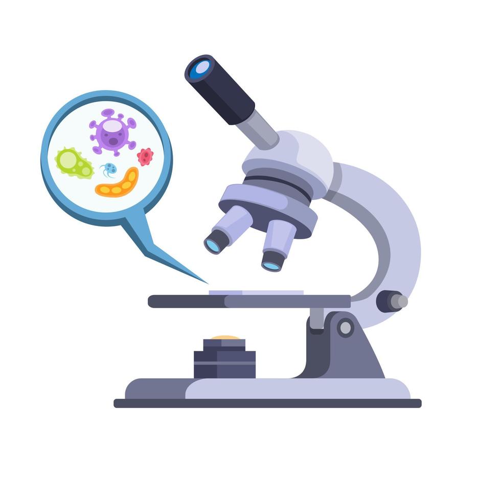 Mikroskop mit Bakteriennachweis, Laborwerkzeuge im flachen Illustrationsvektor der Karikatur lokalisiert in weißem Hintergrund vektor