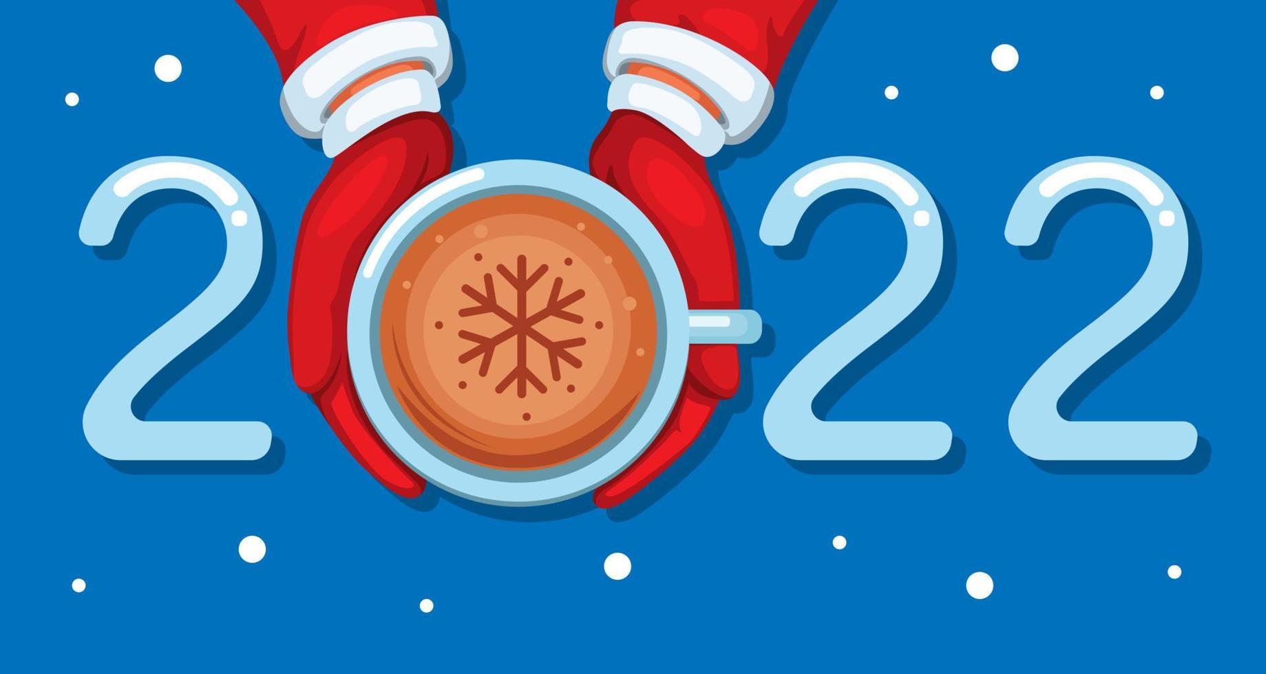 2022 Kaffee späte Kunst Weihnachten und Neujahr Gruß mit Schneeflocken Symbol Cartoon Illustration Vektor