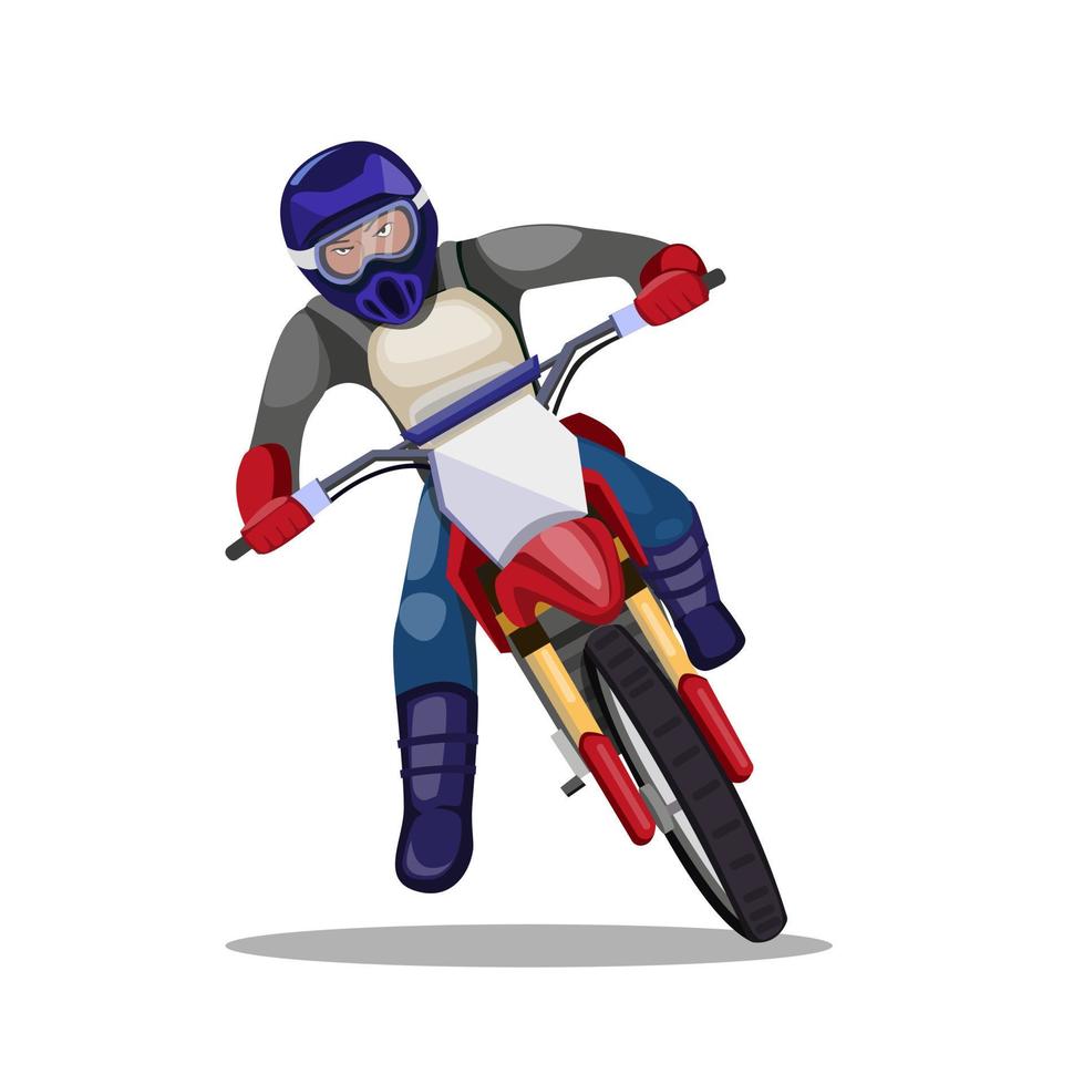 Mann, der Motocross-Dirt-Bike reitet, Rennfahrer-Motorrad-Trail-Kurvenfahrt im flachen Illustrationsvektor der Karikatur lokalisiert in weißem Hintergrund vektor