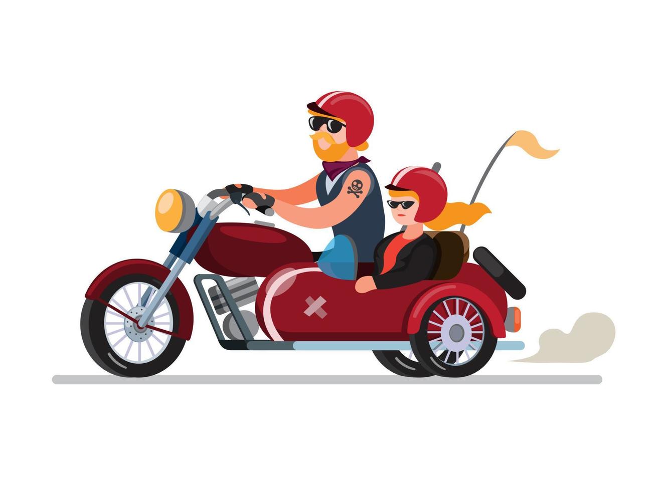 Paar Mann und Frau, die Motorrad mit Beiwagen oder Sespan-Modifikation im flachen Illustrationsvektor der Karikatur lokalisiert in weißem Hintergrund fahren vektor