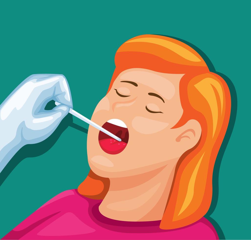 Arzt überprüft Mund und Rachen des Mädchens zum Abstrichtest oder zum diagnostischen Krankheitskonzept im Cartoon-Illustrationsvektor vektor