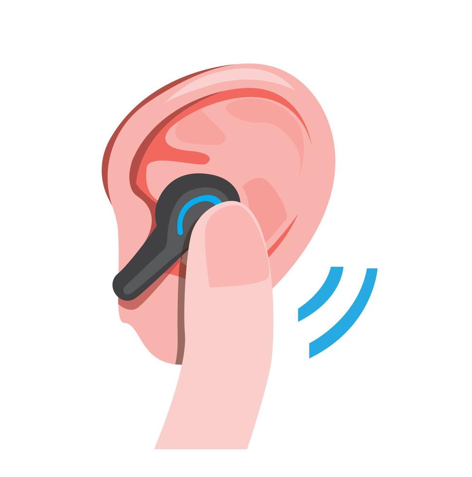 drahtloses Headset im menschlichen Ohr, mit Finger, Kommunikation oder Musik hören Hörgerät flache Illustration Symbol Symbol editierbarer Vektor