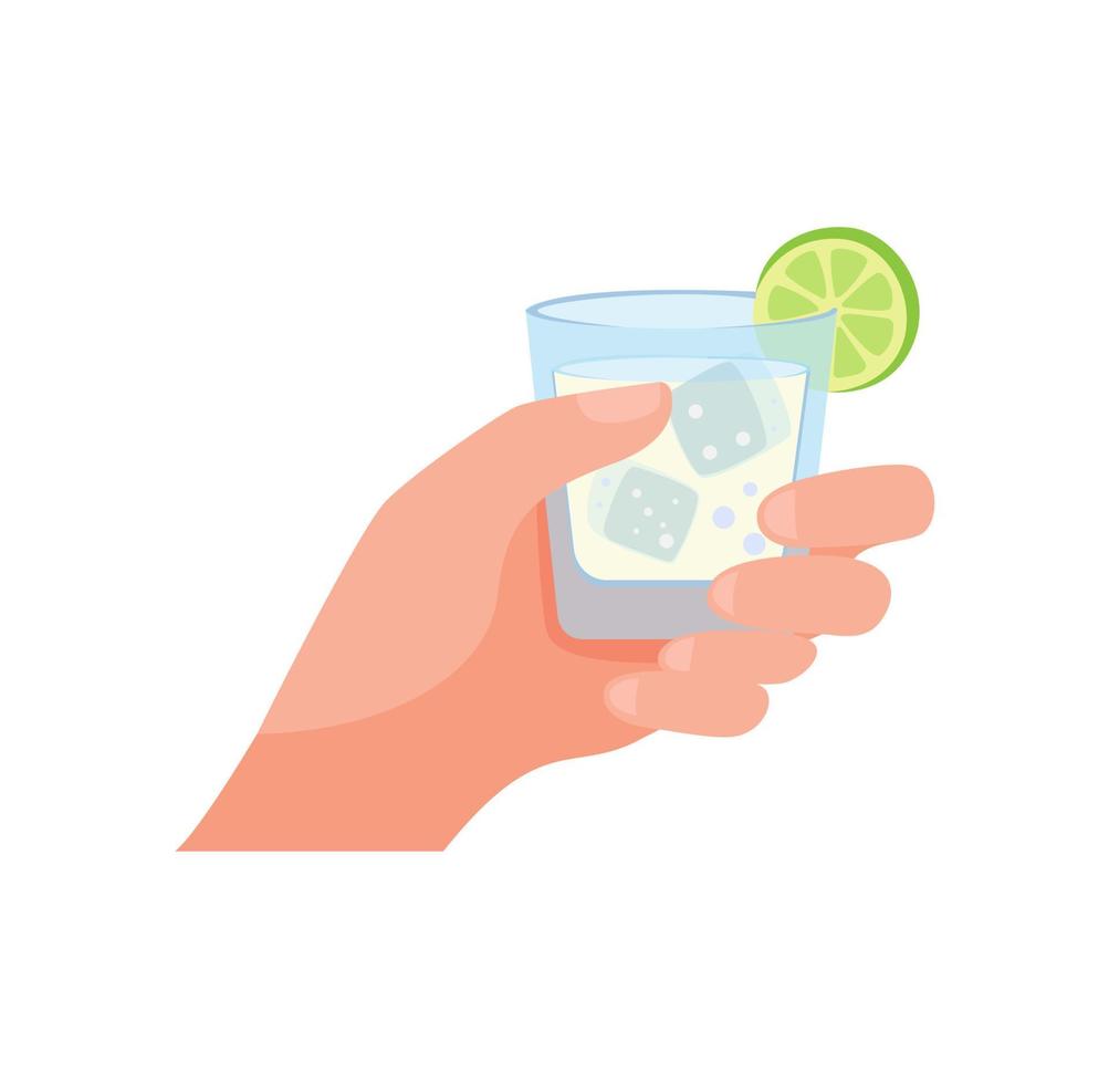 Gin Tonic Glas mit Limettenscheibe und Eiswürfeln trinken. Hand mit Alkoholgetränk, Getränkecocktail für Bar, Pub-Restaurants oder Partydesign. Tequila oder Wodka Schuss Symbol Cartoon flache Illustration Vektor