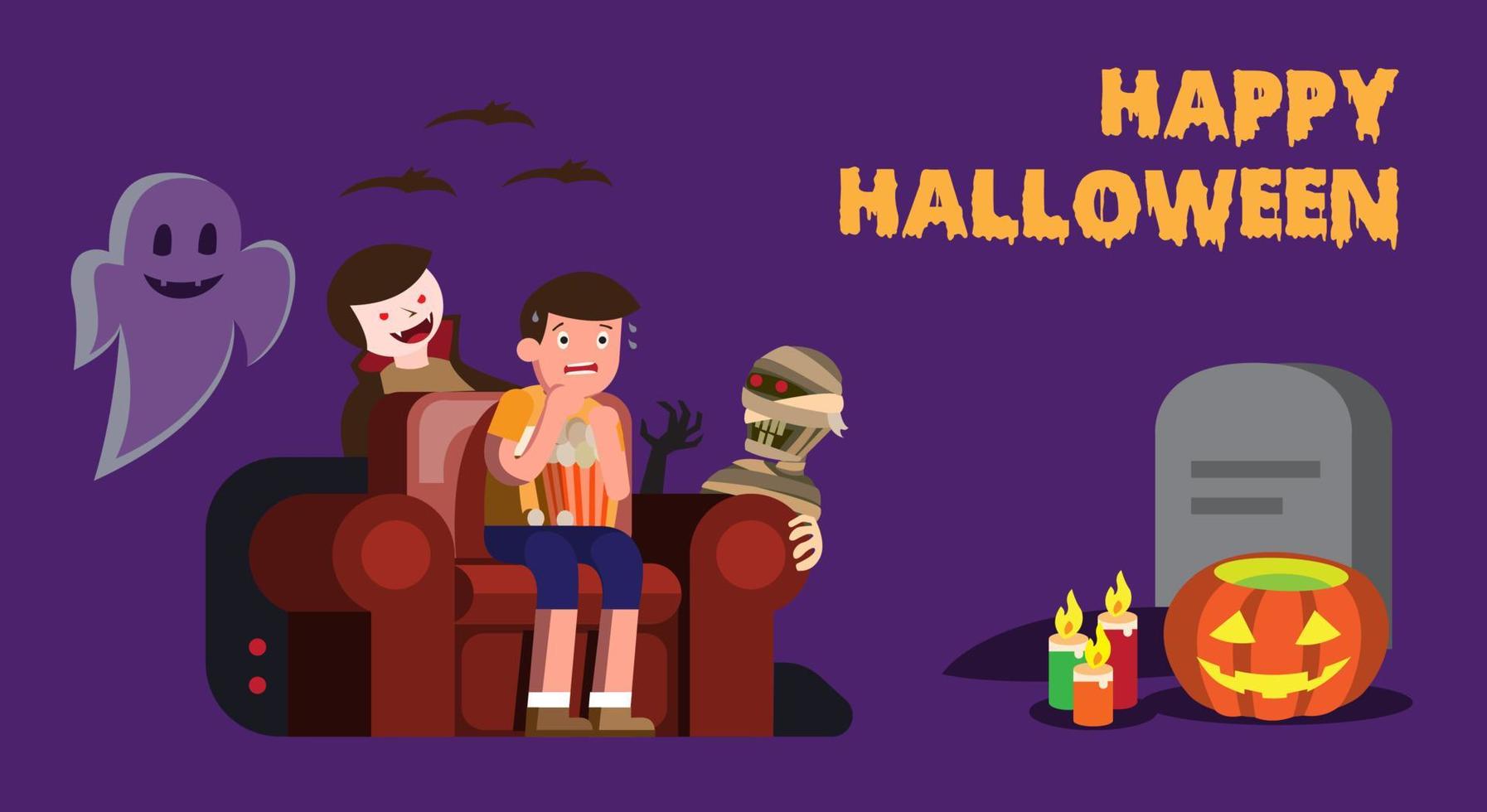 glad halloween, man rädd titta på skräckfilm med dracula, spöke, mamma med pumpadekoration vektor