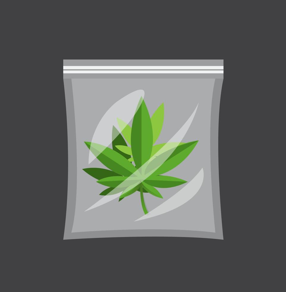 Unkraut in Plastiktüte, Cannabis-Marihuana-Blatt in transparenter Plastikverpackung mit flachem Illustrationsvektor der Ziplock-Karikatur einzeln auf schwarzem Hintergrund vektor