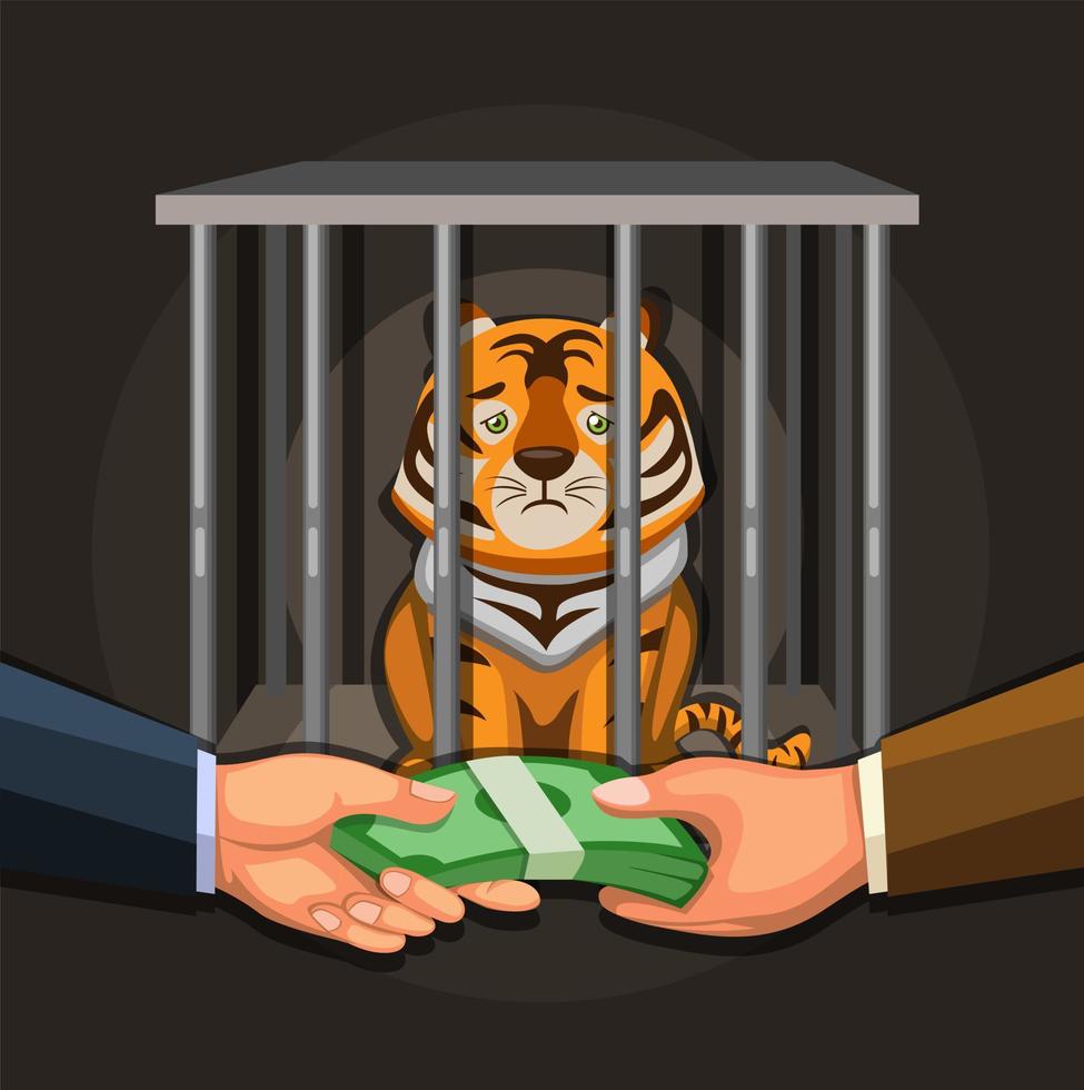 handel med vilda djur, illegala affärsmän som säljer tiger illustration koncept i tecknad vektor