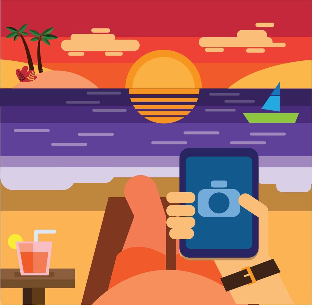 Urlaub, Sommerzeit. Mann, der auf einem Strand liegt, nimmt den Sonnenuntergang mit dem Smartphone auf, flacher Designhintergrund vektor