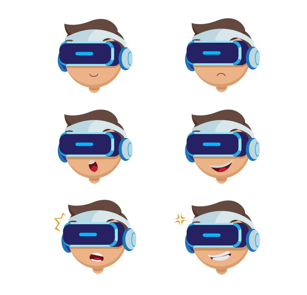 vr boy expression pack, vr gaming, human head och vr headset glasögon. virtuell verklighet. platt vektor illustration