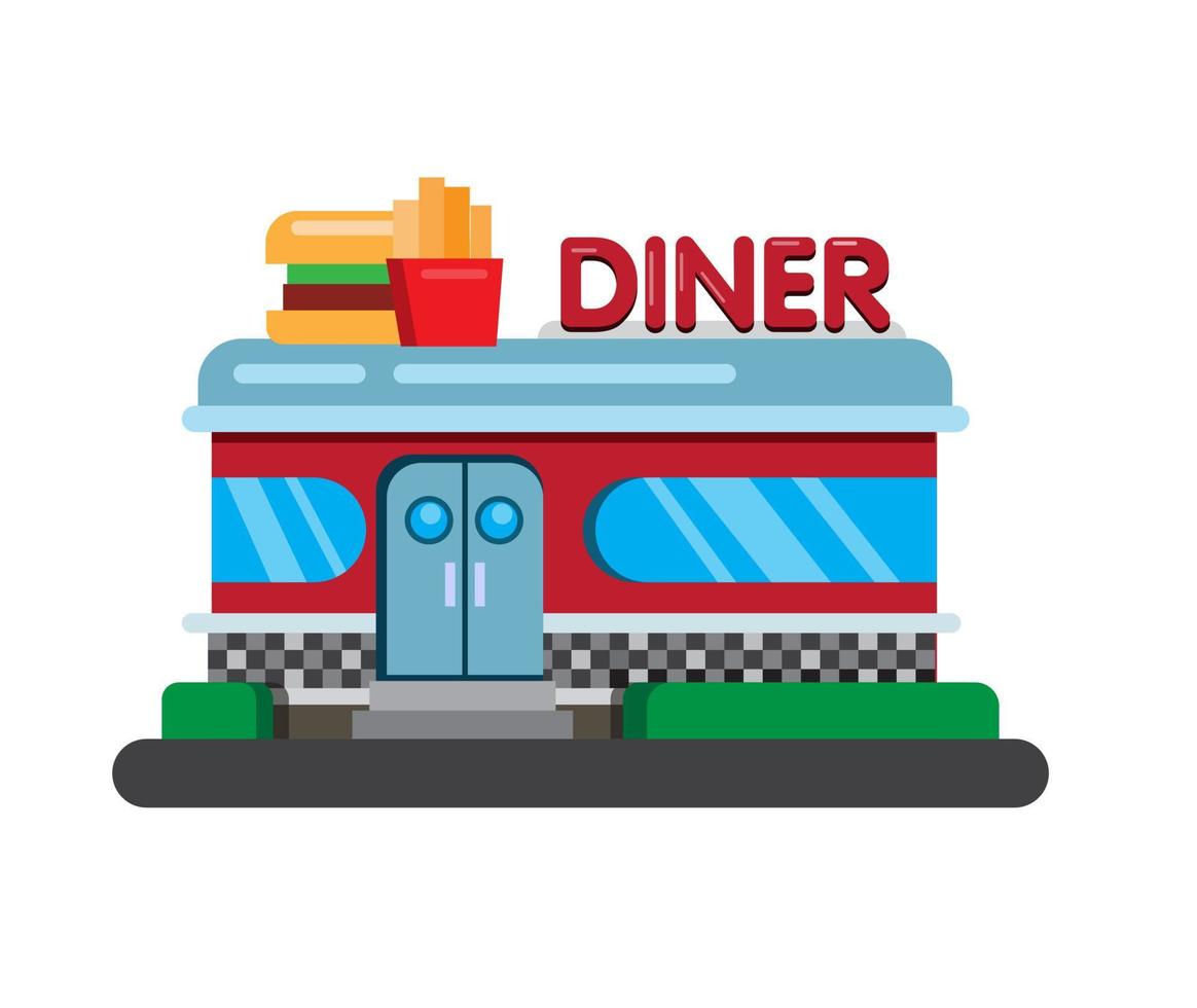 amerikansk snabbmatsrestaurang diner, bygga platt illustration vektor