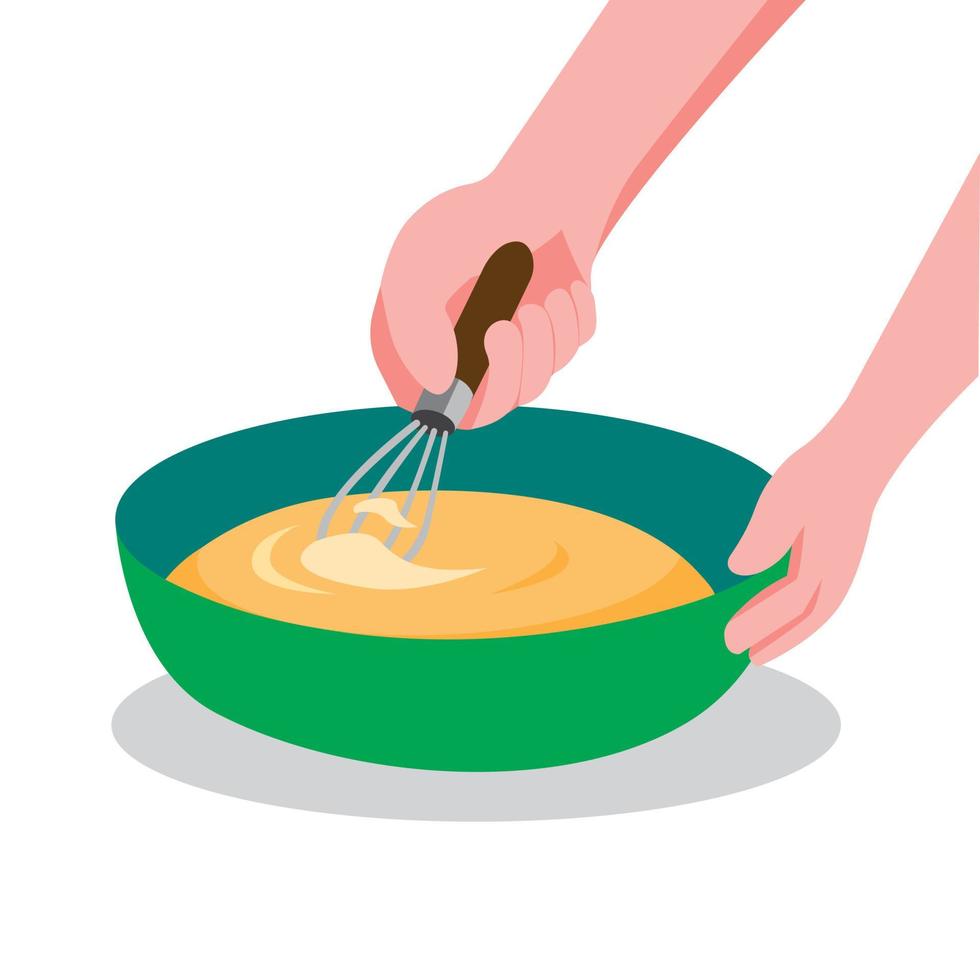 hand omrörning deg i skål, matlagning process tecknad platt illustration vektor