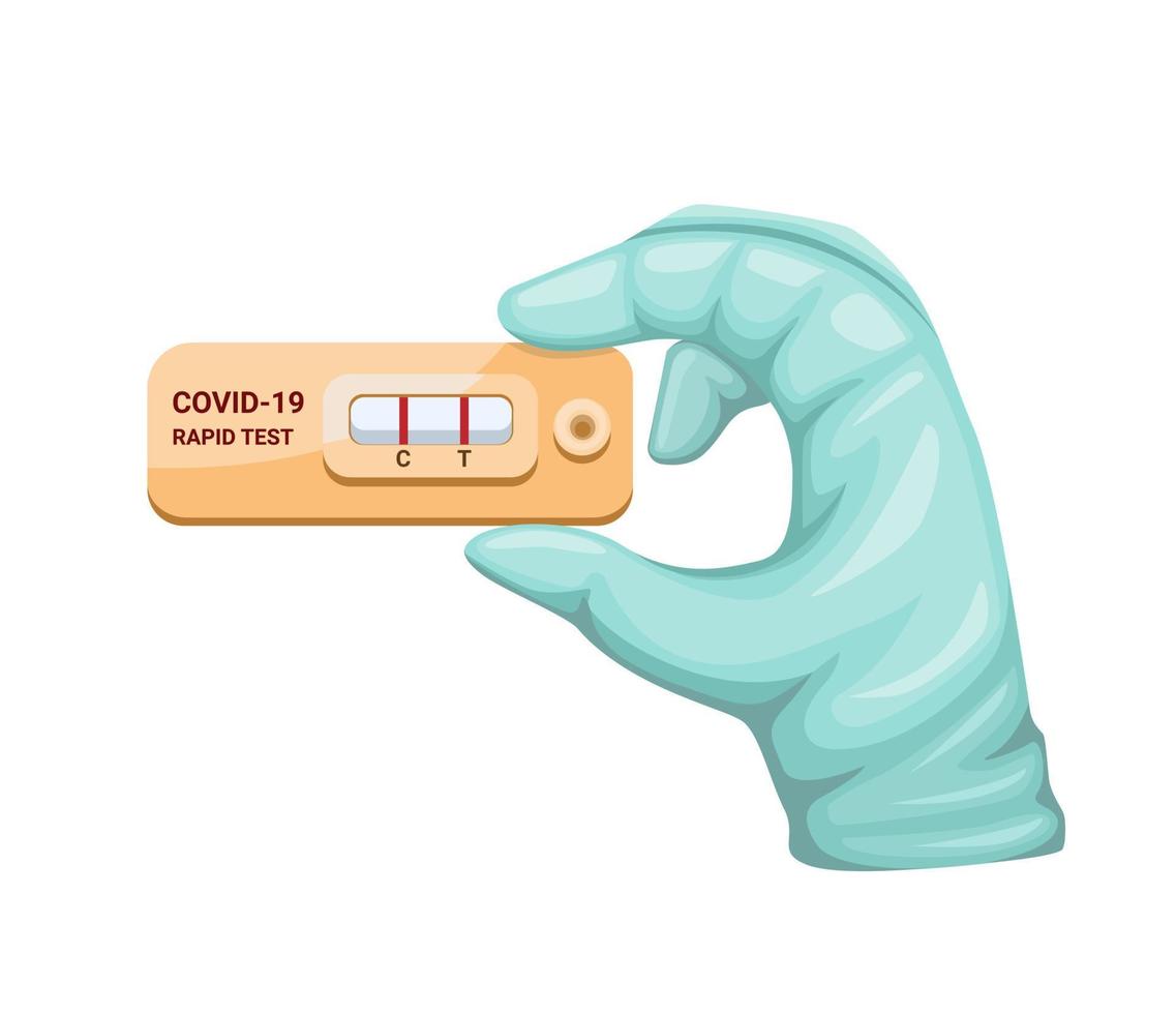 Handschutzhandschuh mit Schnelltestpackung, Symbol für Corona-Virus-Bluttestgerät im Cartoon-Illustrationsvektor auf weißem Hintergrund vektor