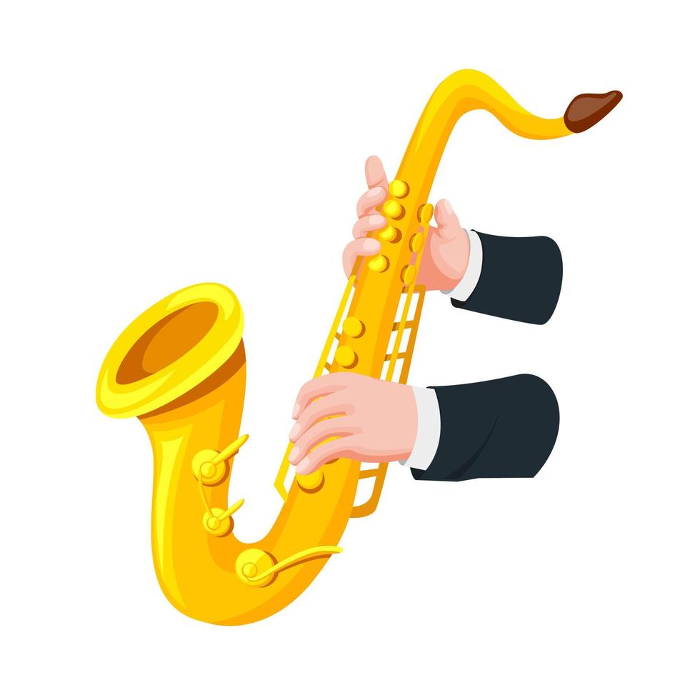 Hand, die Saxophonsymbol im Karikaturartillustrationsvektor hält und spielt, der in weißem Hintergrund lokalisiert wird vektor