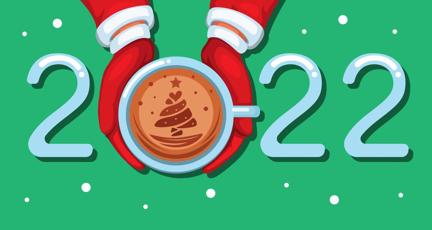 2022 kaffe sen konst jul- och nyårshälsning med trädsymbol tecknad illustration vektor