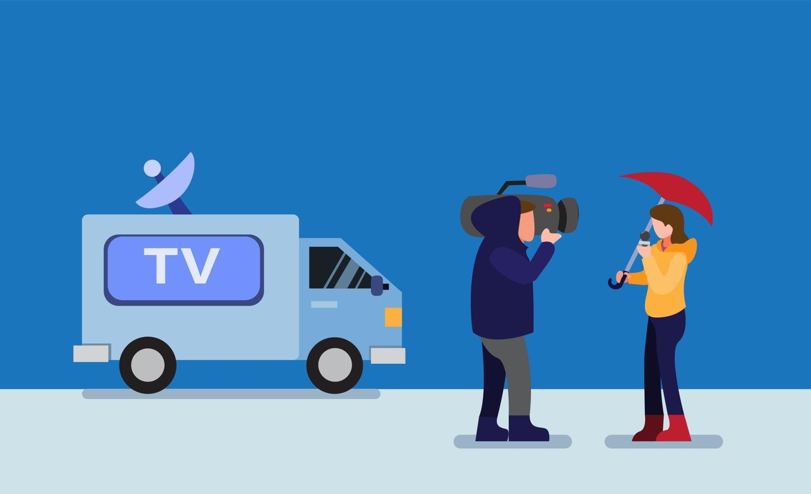 Journalistenreporter und TV-Nachrichtenwagen in der Wintersaison-Katastrophenkarikatur-flache Illustration bearbeitbarer Vektor