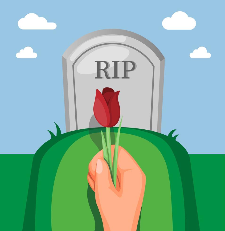 Hand, die Blume auf Grabstein im Begräbniskonzept im Karikaturillustrationsvektor hält vektor