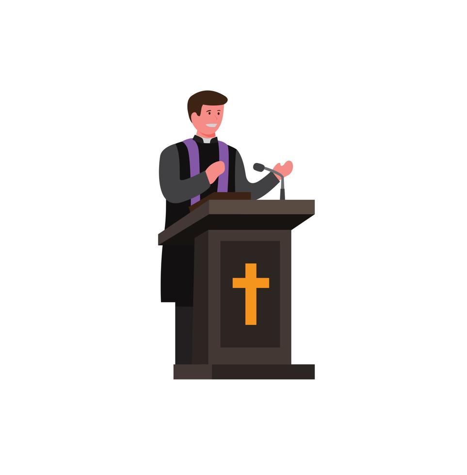 Pastor, Priester, Prediger, der im Podium mit Bibel spricht, flacher Illustrationsvektor der Karikatur lokalisiert in weißem Hintergrund vektor