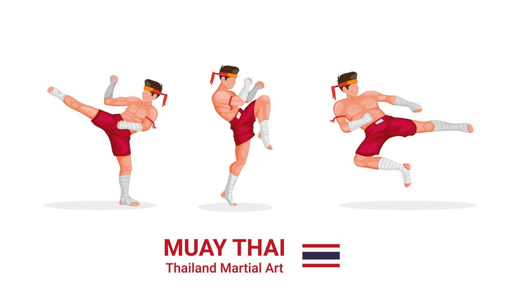 muay thai - thaiboxning traditionell kampsport från thailand figursamling ikonuppsättning i tecknad platt illustration vektor isolerad i vit bakgrund