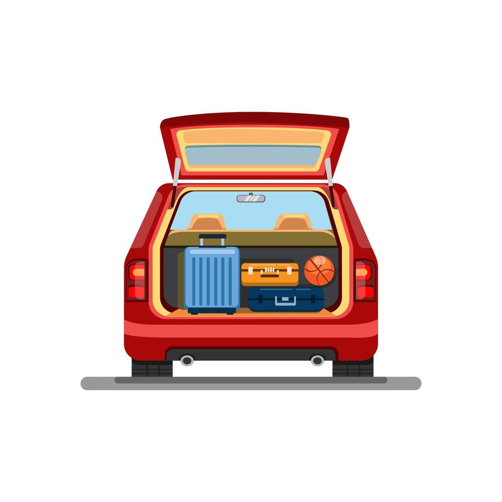 Ansicht der Rückseite des roten Auto Trunk mit Paket Boxen innen geöffnet.  Konzept für den Kofferraum. 3D-Bild Stockfotografie - Alamy