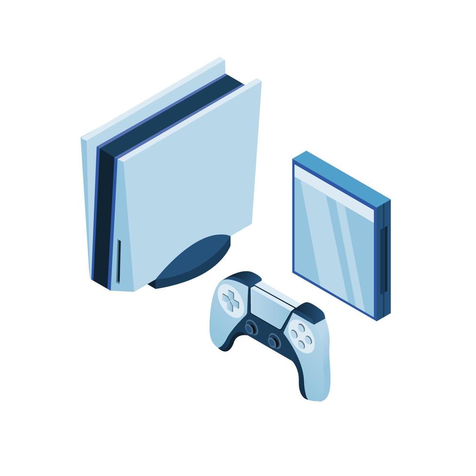 Illustration der Playstation 5 Spielkonsole mit Joypad und CD-Hülle-Konzept im isometrischen Illustrationsvektor einzeln auf weißem Hintergrund vektor