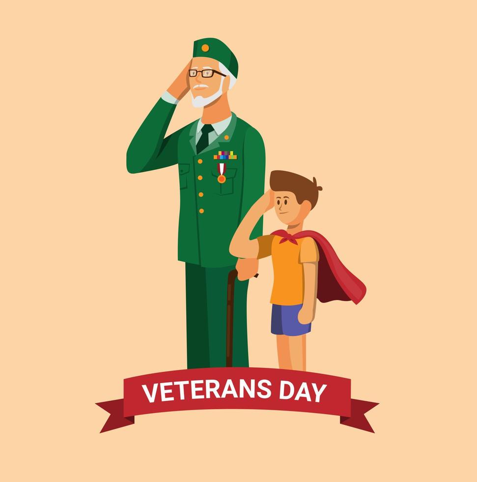 Veteranernas dag. arméveteran med barnbarn som ger hälsning och respekt för nationalflaggsfirande symbol i tecknad illustration vektor